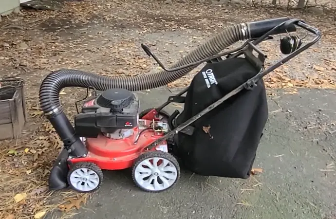 Walk-behind gas leaf vacuums work and look just like domestic vacuum cleaners.